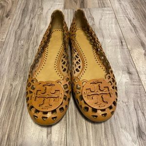 Tory Burch Mira Laser-Cut Logo Ballerina Flats Brown Size 8.5